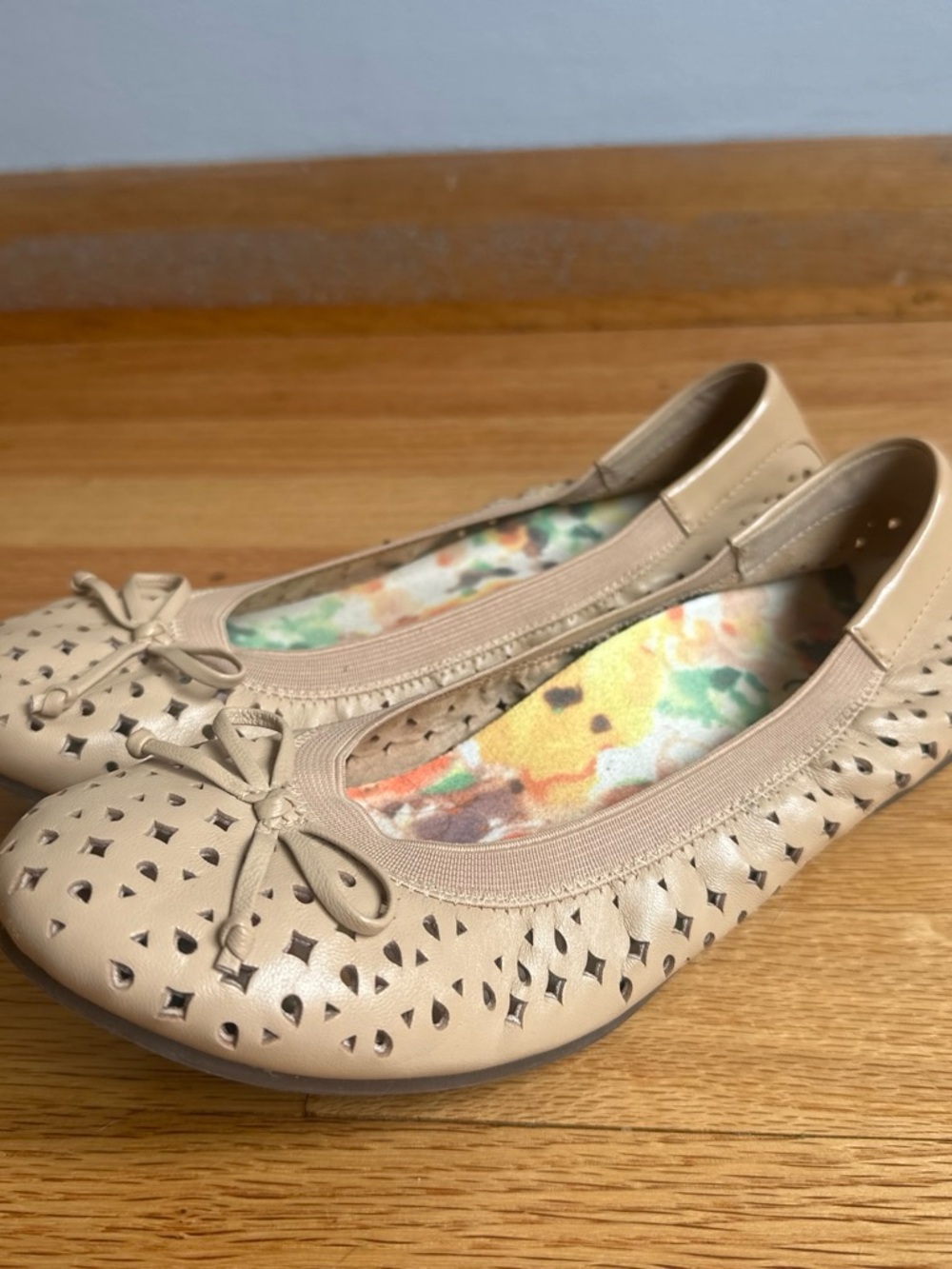 Women’s Beige Laser-Cut Ballet Flats with Bow